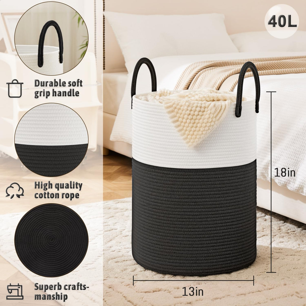 Laundry Basket,Woven Cotton Rope Laundry Hamper,40L for Decorative Storage of Dirty Clothes,Toys