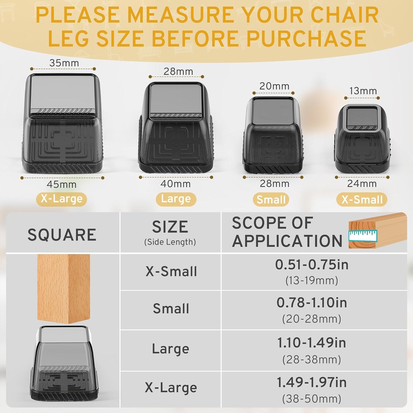 24PCS Square Chair Leg Floor Protectors, Furniture Sliders, Chair Leg Protectors for Hardwood