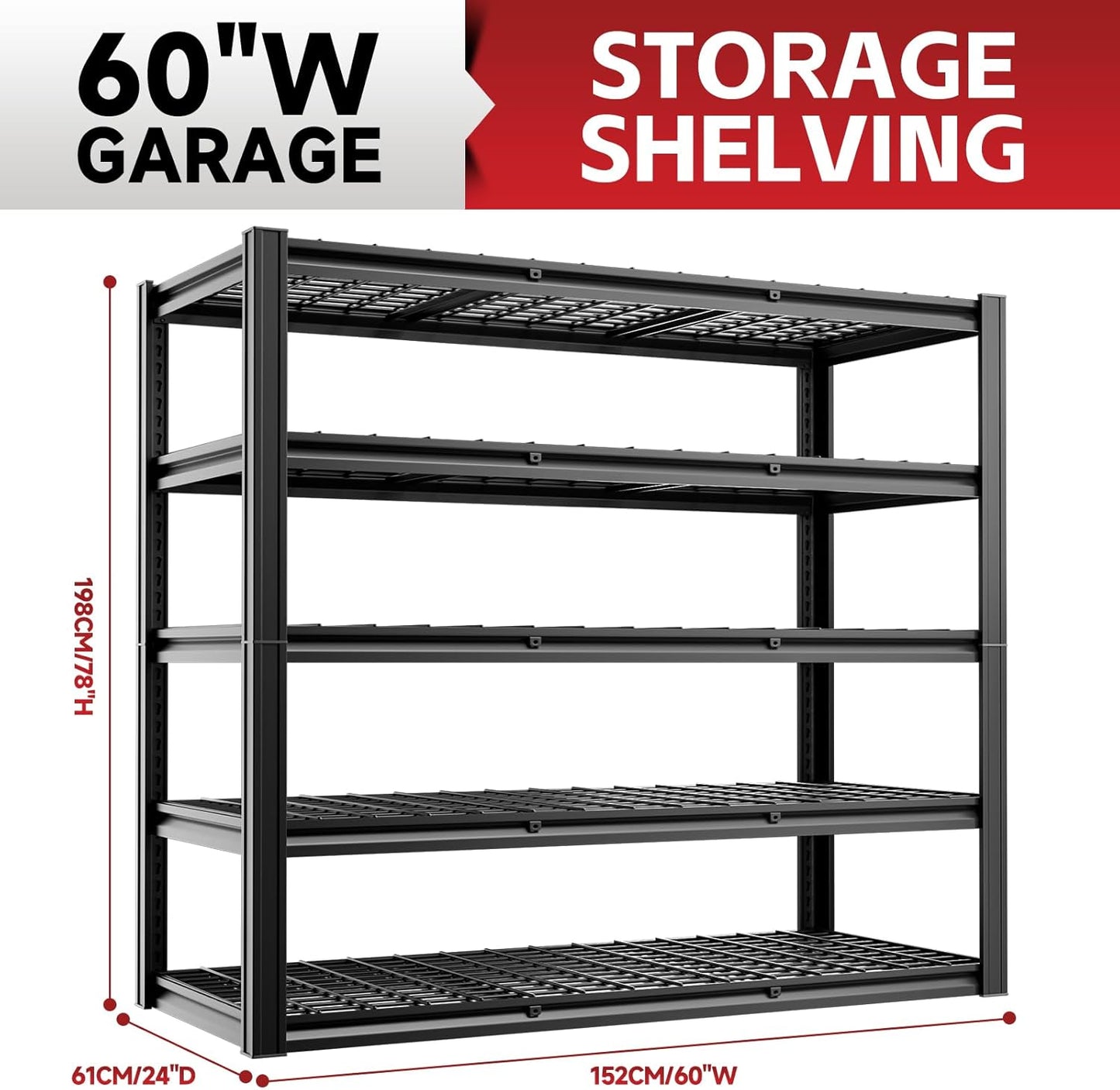 5-Tier 60”W x 24”D x 78”H Garage Shelving Adjustable Metal Storage Shelves 3000LBS Garage Shelving