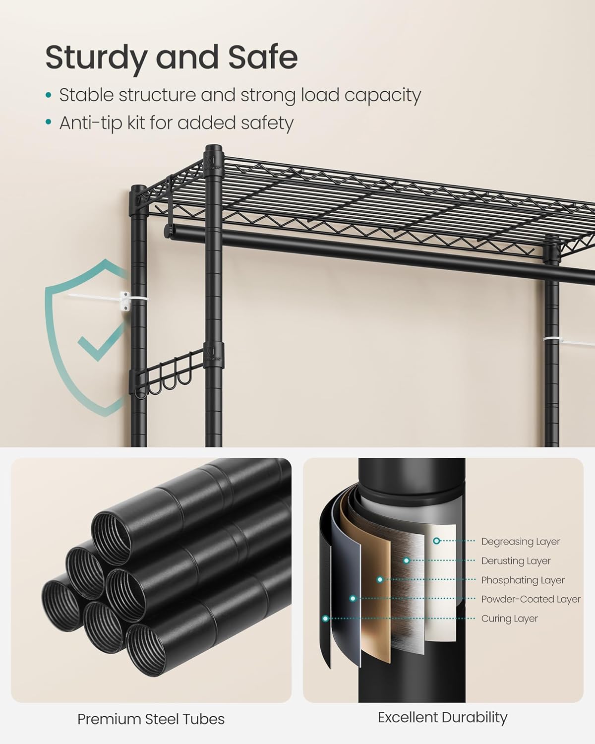 SONGMICS Heavy-Duty Rolling Clothes Rack, Garment Rack, Portable Closet, 43.3-Inch Wide Clothing