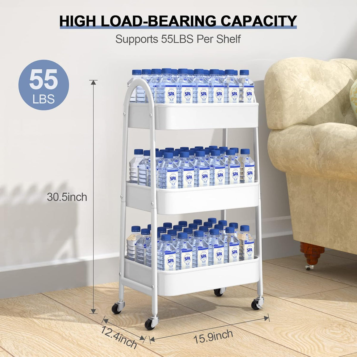 EAGMAK 3 Tier Utility Rolling Cart, Metal Storage Cart with Handle and Lockable Wheels