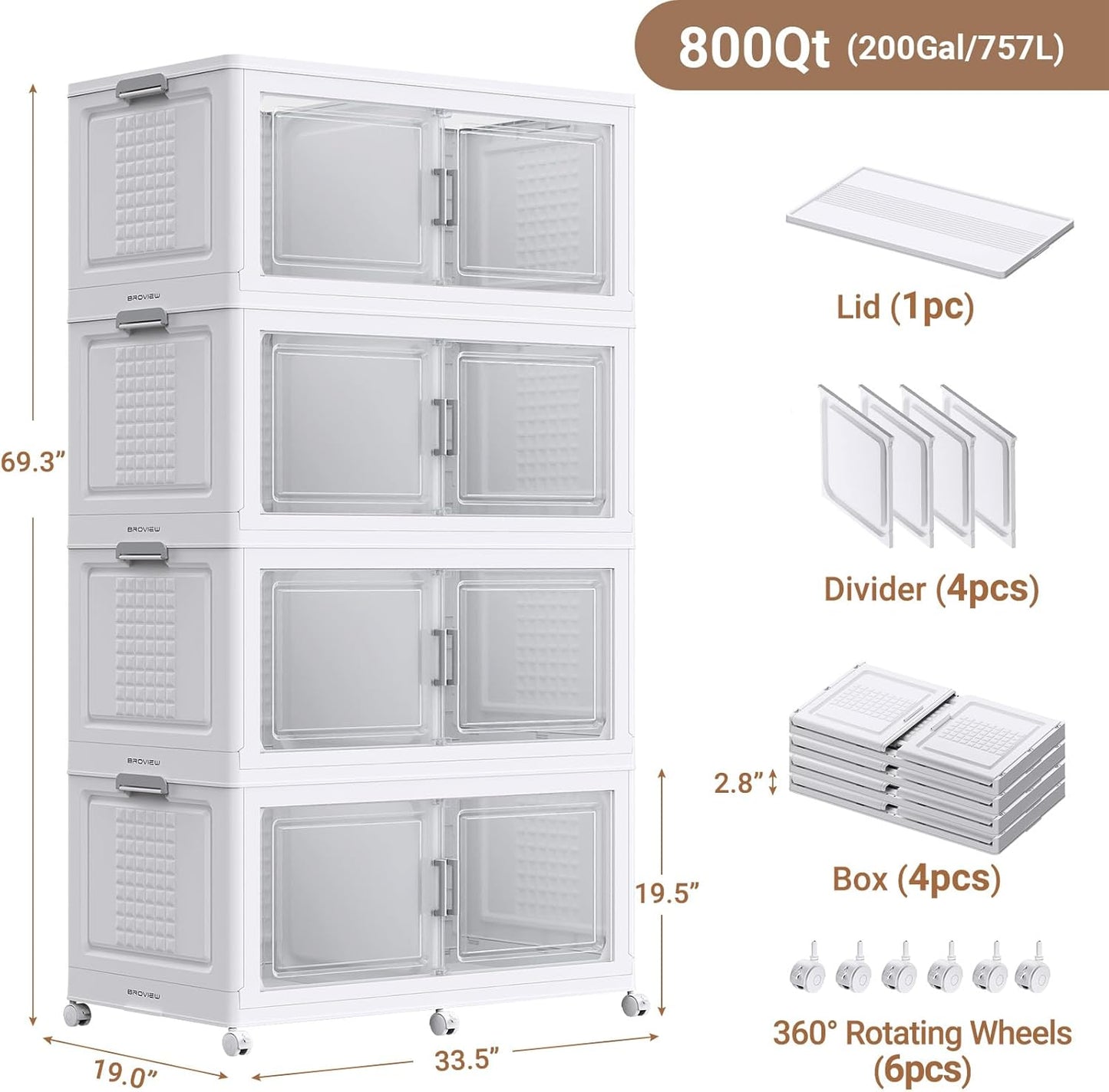 BROVIEW 69.3"H 200Gal Plastic Storage Bins with Lid & Wheels,4Pack Extra Large Stackable Storage