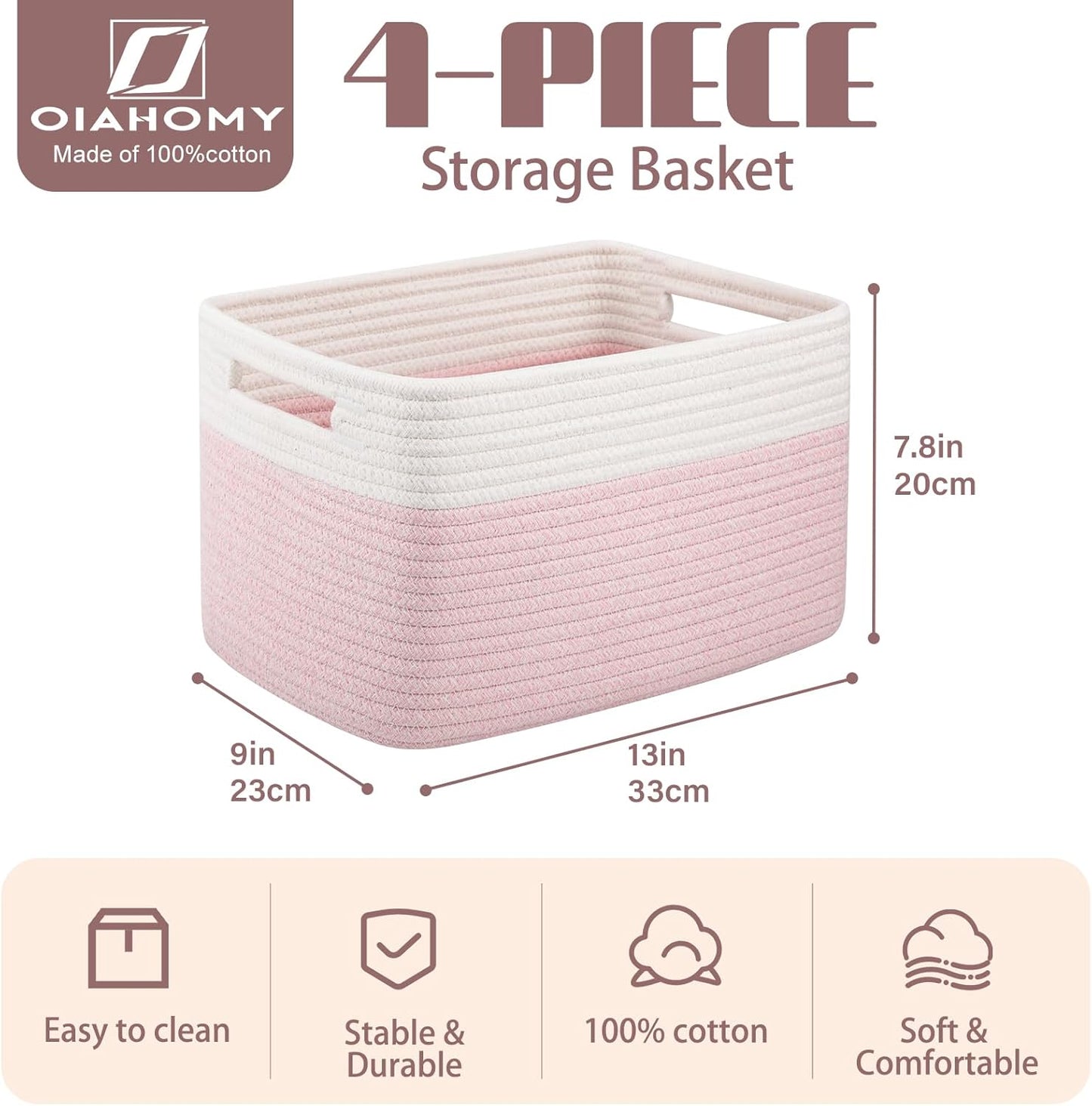 OIAHOMY 4 Pack Storage Baskets for Organizing, Basket for Shelves with Handle, Woven Baskets for