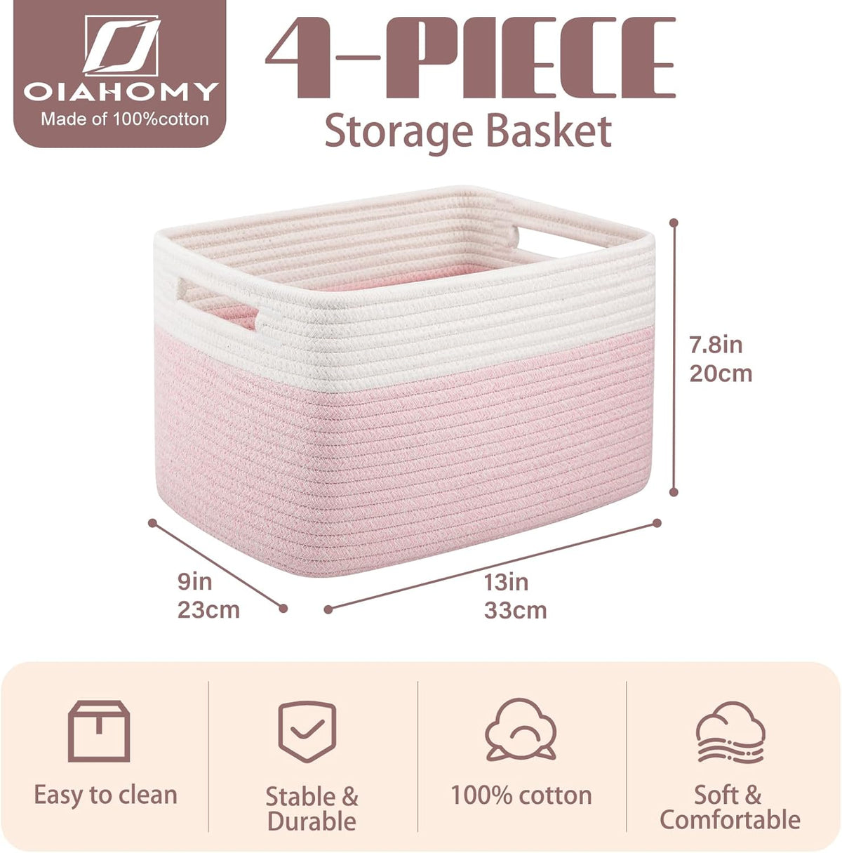 OIAHOMY 4 Pack Storage Baskets for Organizing, Basket for Shelves with Handle, Woven Baskets for