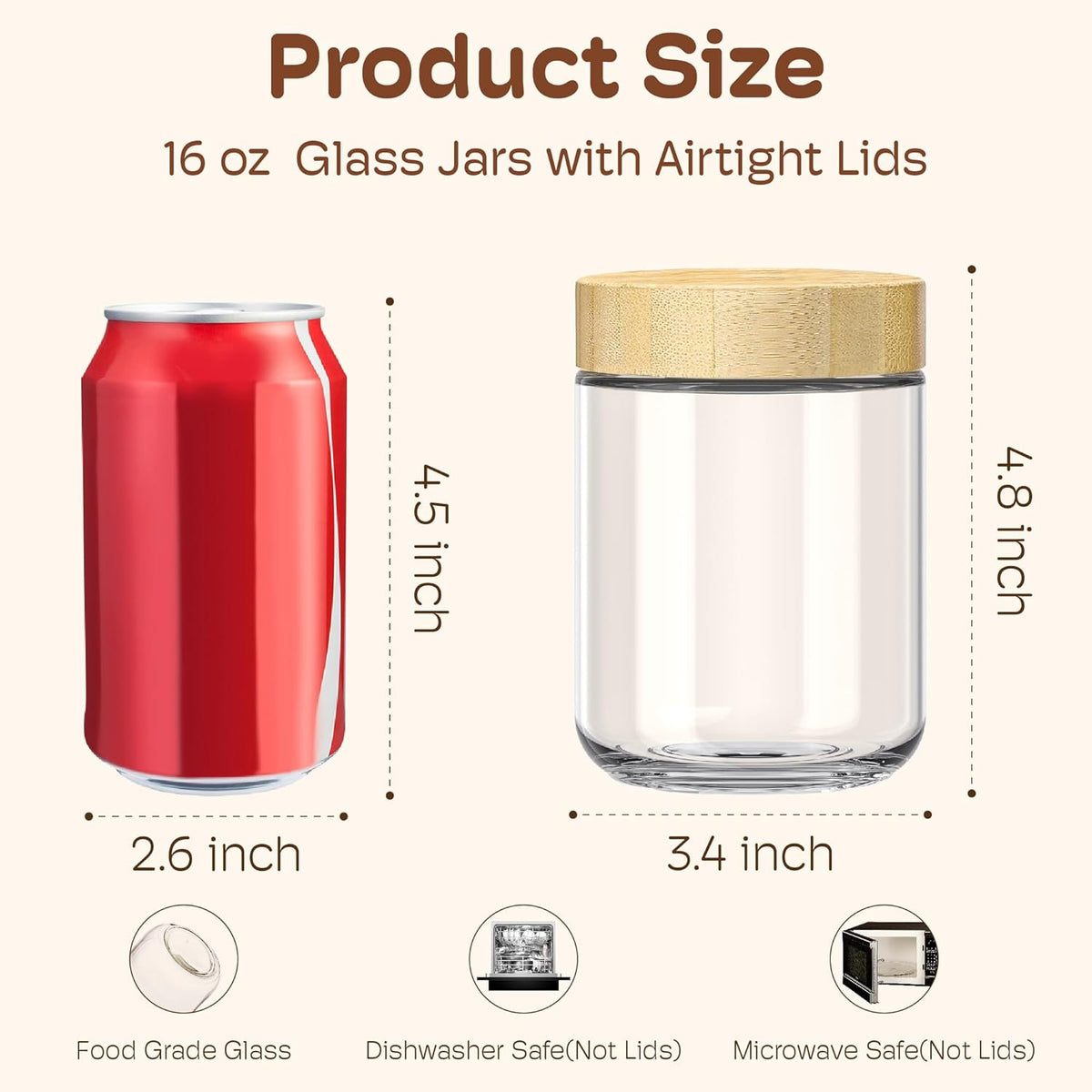6 Pack 16oz Overnight Oats Containers with Bamboo Lids, Glass Jars with Airtight Lids for Meal