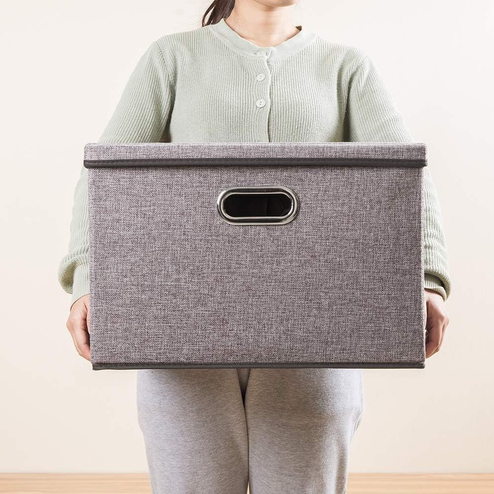 PRANDOM Large Collapsible Storage Containers with Lids [5-Pack] Linen Fabric Foldable Storage Bins