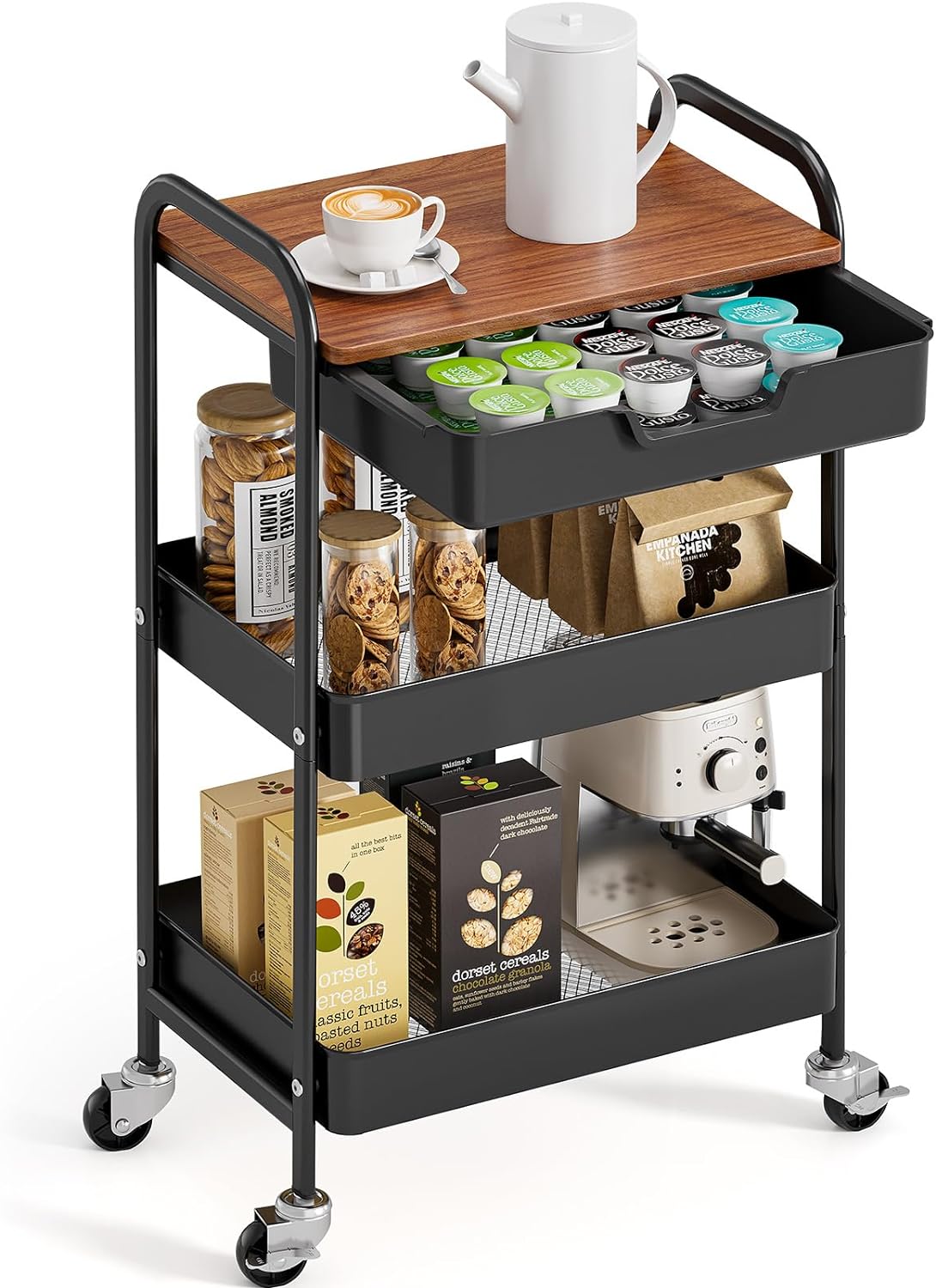 TOOLF 3-Tier Utility Rolling Cart with Wooden Board and Drawer, Metal Storage Cart with Handle