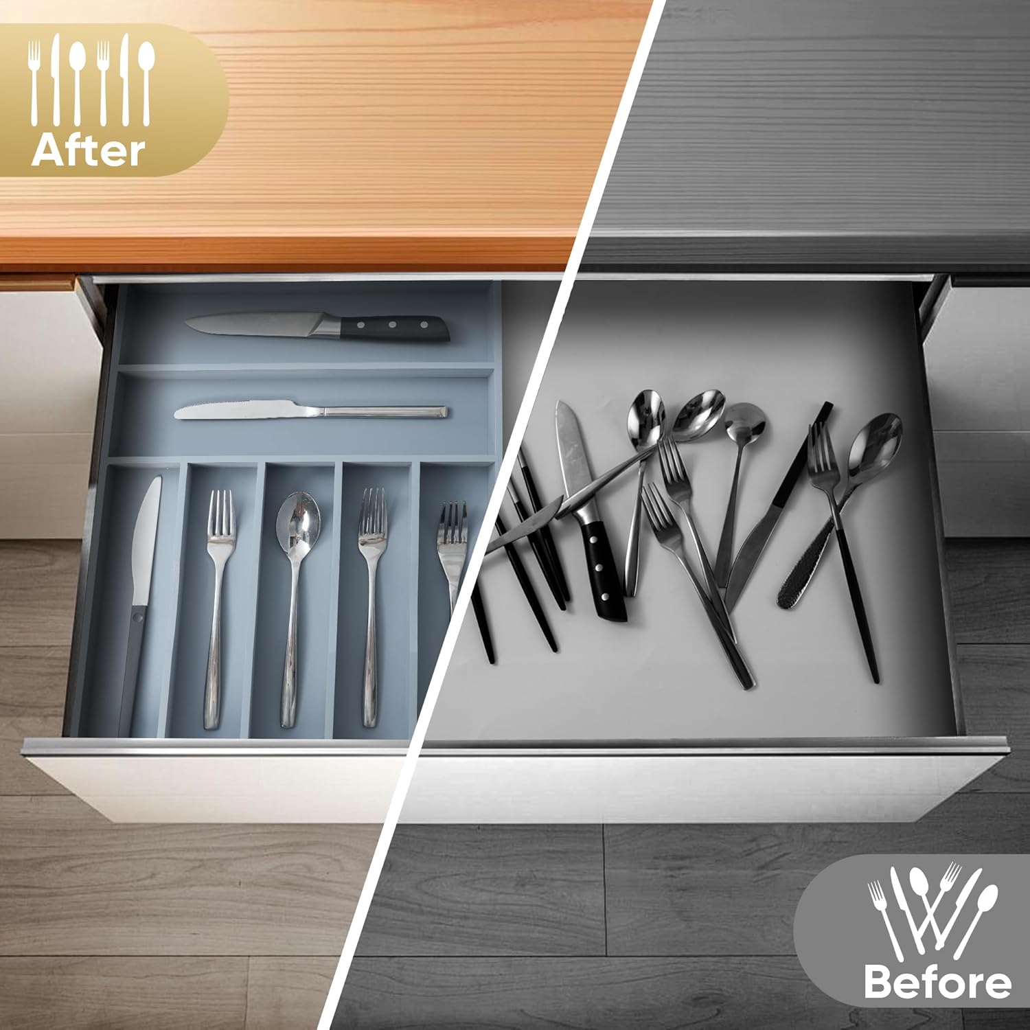 Silverware Organizer, 12.5 Inch Utensil Organizer Kitchen Drawer Organizer Bamboo Silverware Holder