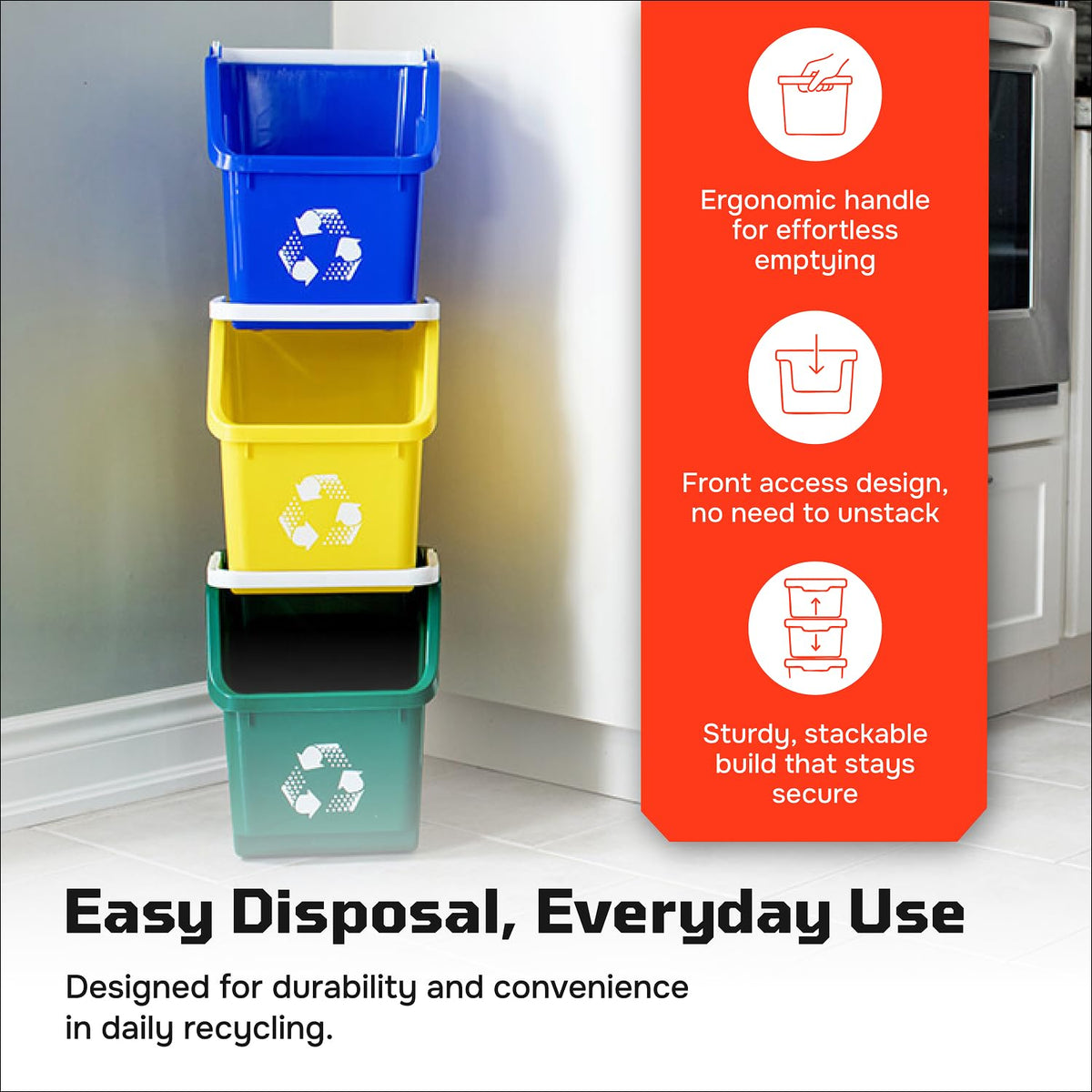 Multi Bin Recycling System with Three Stackable 6 Gallon Recycle Bins to Build Your Recycling
