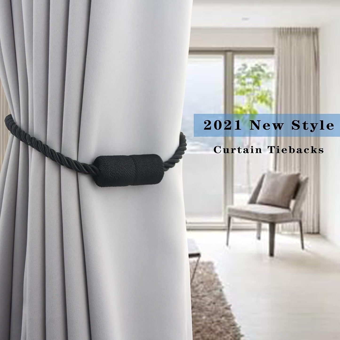 2 Pack Black Strong Magnetic Curtain Tiebacks Outdoor Elegant Decorative Tie Backs Modern Rope