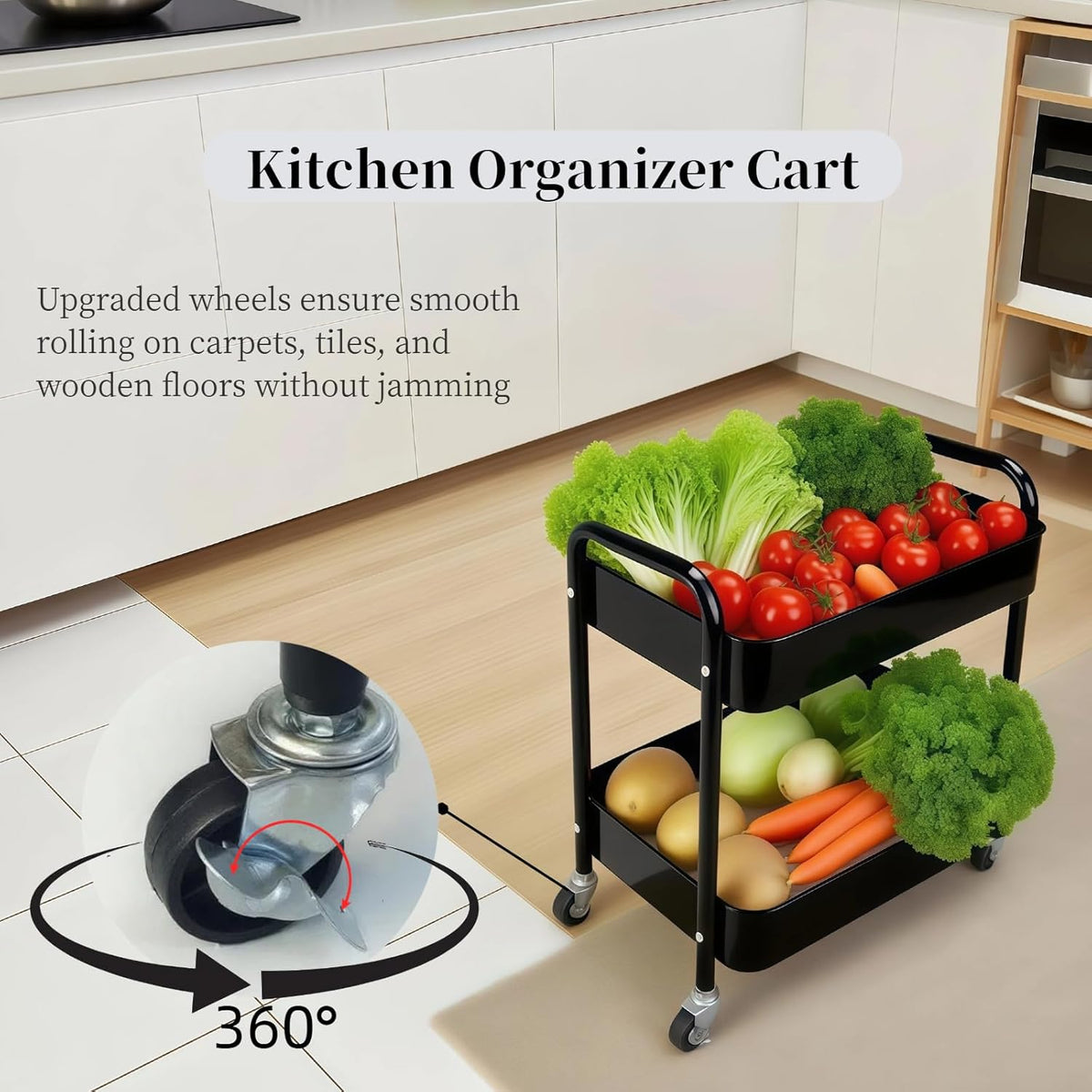 2 Tier Rolling Cart with Wheels for Under Desk Storage & Pantry Storage, Large Capacity Laundry