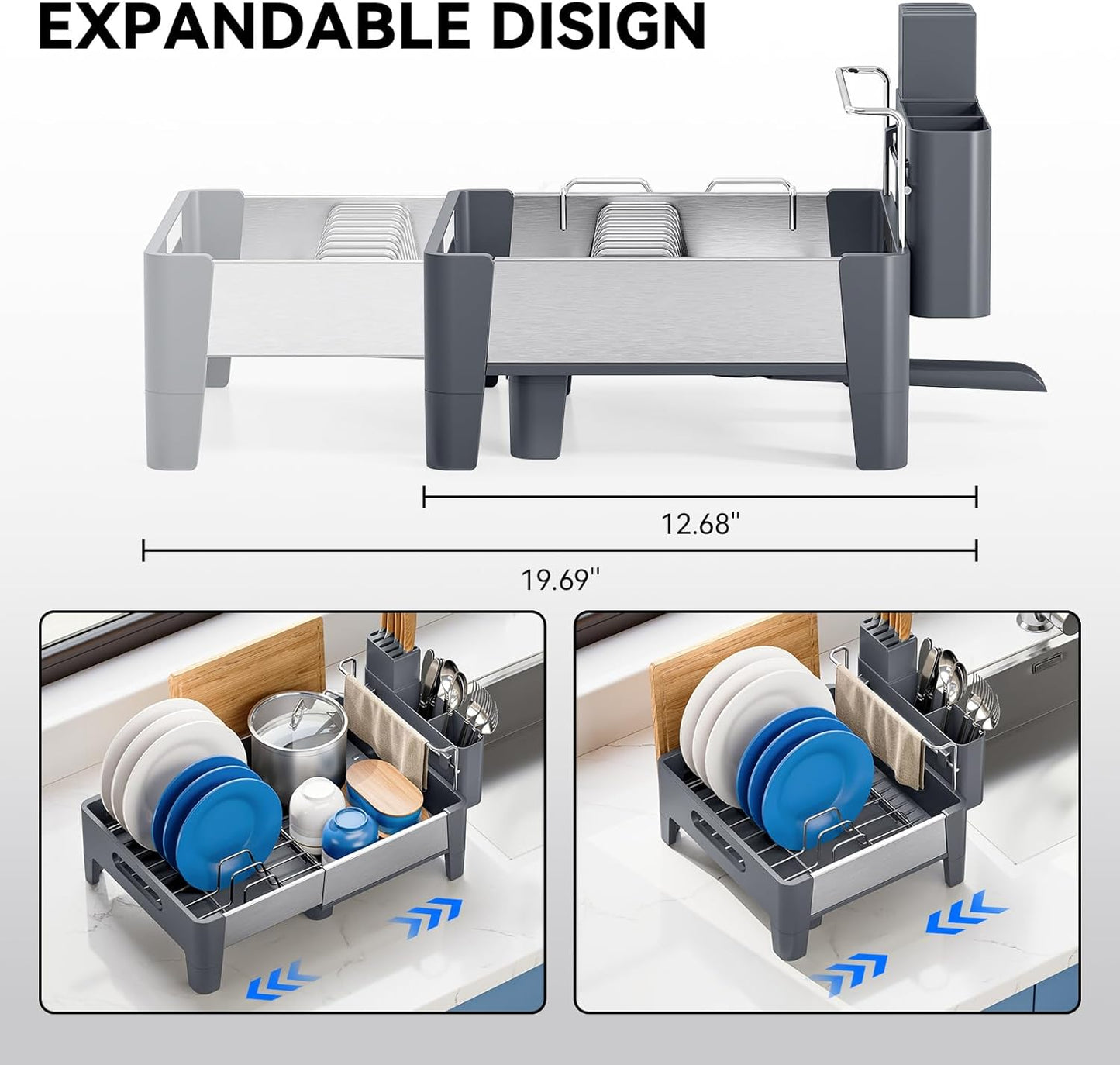 Expandable Dish Drying Rack, Stainless Steel Dish Rack with Aluminum Frame, Dish Drainer for