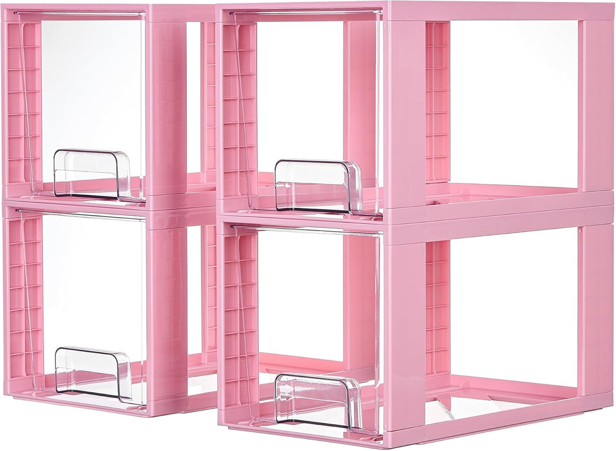 Vtopmart 4 Pack Large Stackable Storage Drawers,Pink,Easily Assemble Acrylic Bathroom Closet