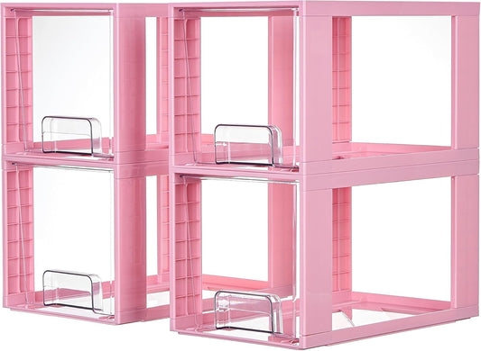 Vtopmart 4 Pack Large Stackable Storage Drawers,Pink,Easily Assemble Acrylic Bathroom Closet