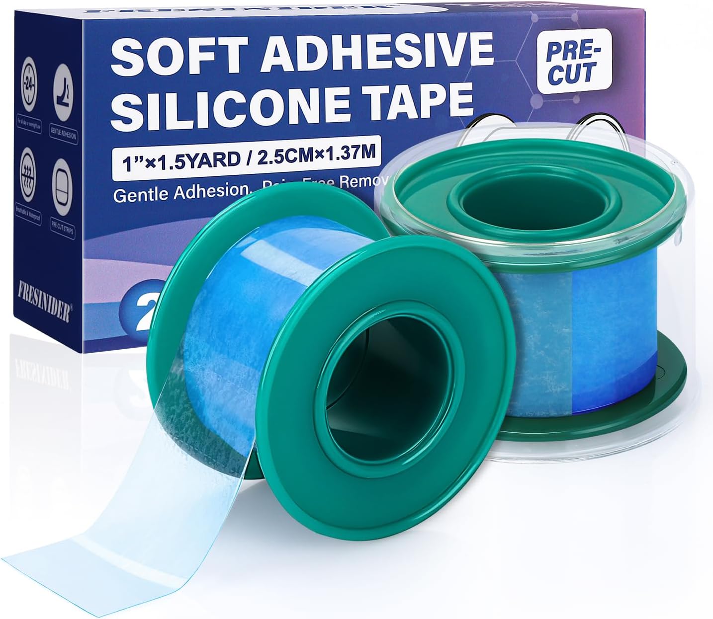 FRESINIDER Silicone Medical Tape – 1" x 1.5 Yard Blue 2 Rolls, Pre-Cut, Waterproof &
