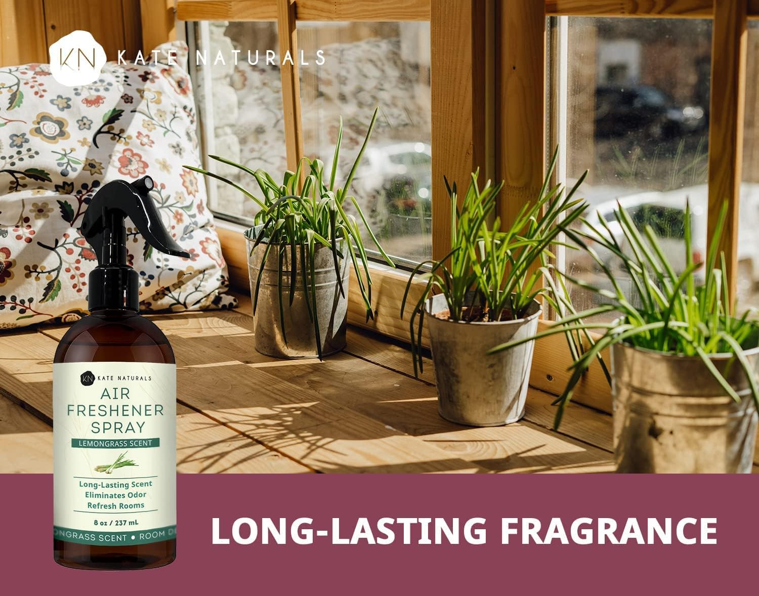 Kate Naturals Air Freshener Spray for Home. Lemongrass Essential Oil Odor Eliminator Room Freshener