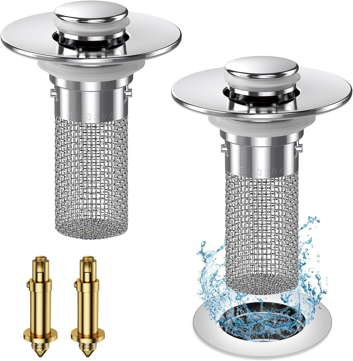2PC Bathroom Sink Stopper Hair Catcher, Pop Up Sink Drain Filter with Removable Stainless Steel
