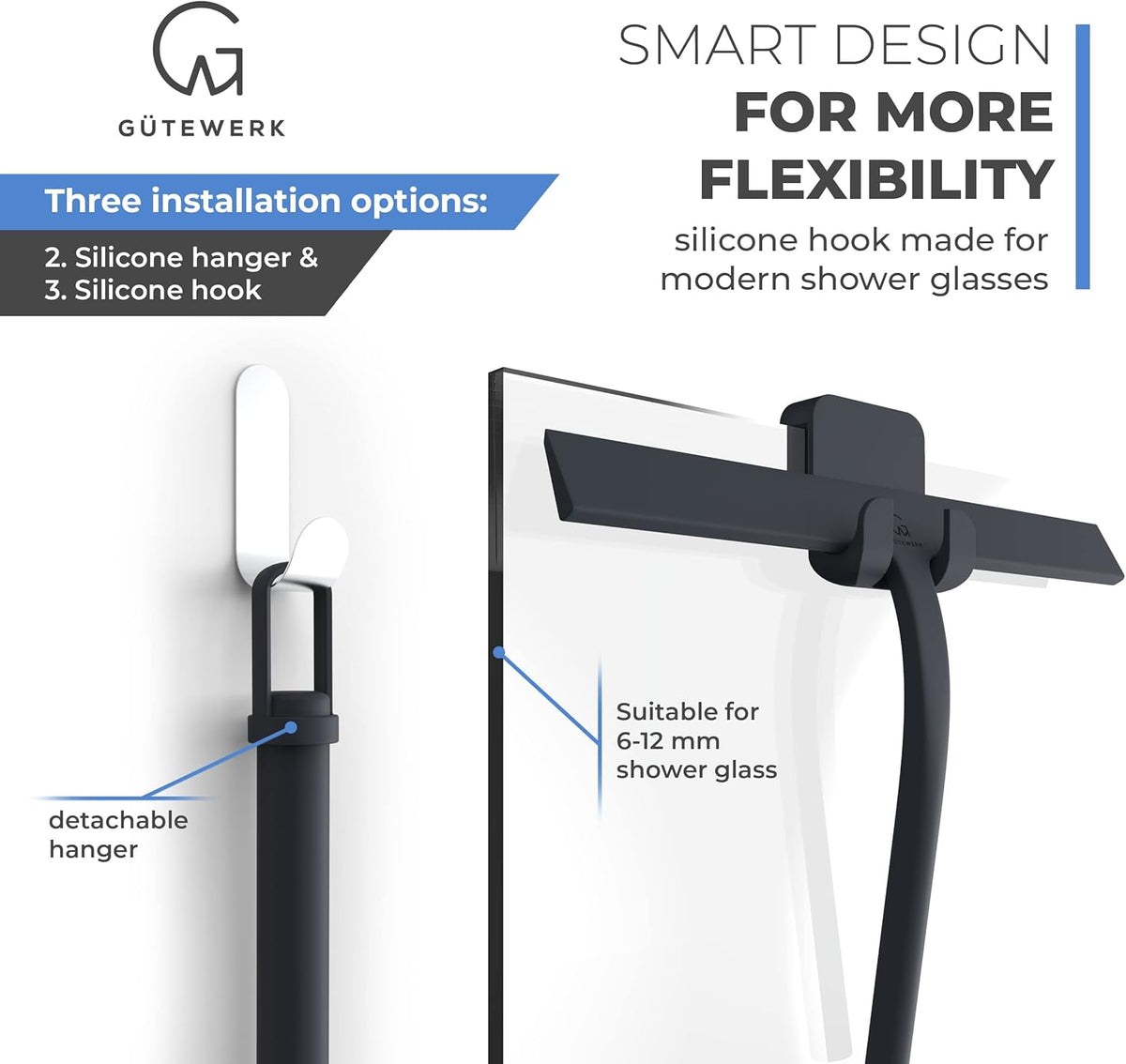 GÜTEWERK Shower Squeegee for Glass Doors, Silicone Window Squeegee, Bathroom and Glass Cleaning