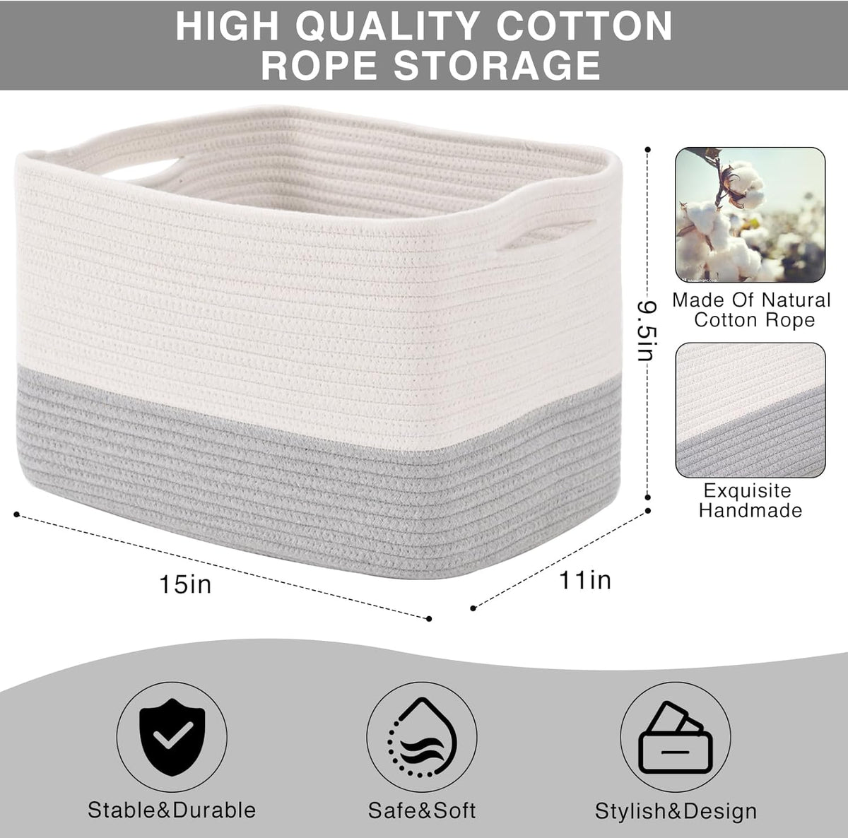 Storage Baskets for Organizing Shelves, Woven Cotton Rope Bins for Baby Nursery Organization, Book
