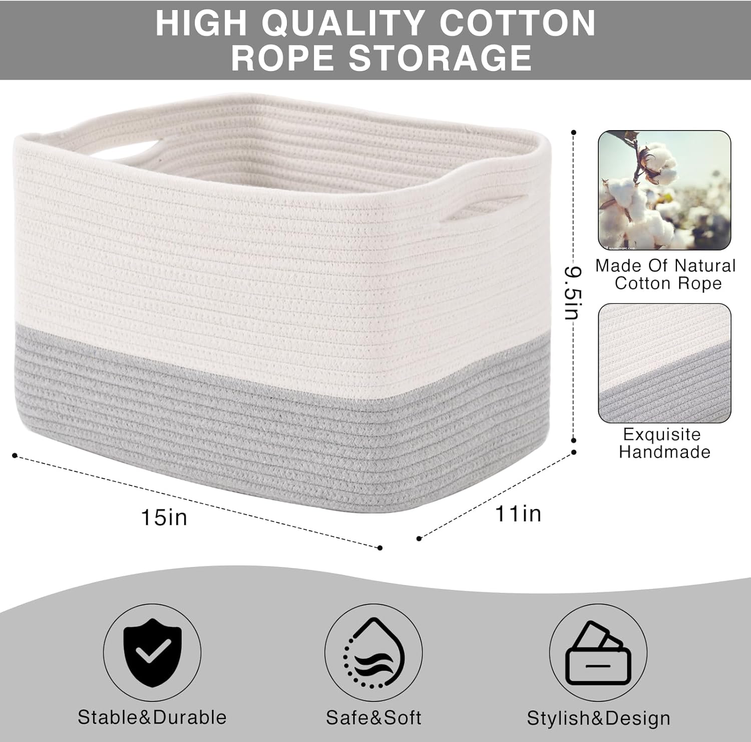 Storage Baskets for Organizing Shelves, Woven Cotton Rope Bins for Baby Nursery Organization, Book