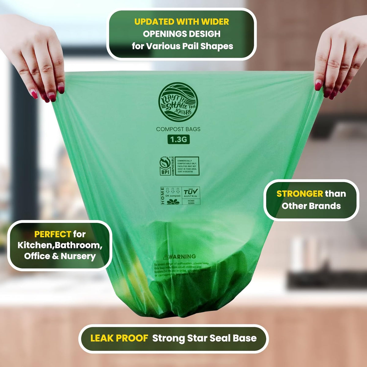 Compost Bags 1.3 Gallon,100 Count,Compostable Small Trash Bags for Kitchen Countertop Compost Bin