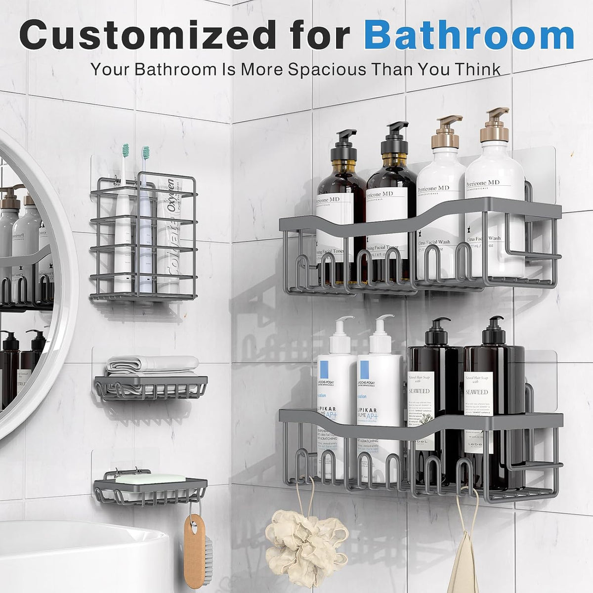 EUDELE 5-Pack Rustproof Stainless Steel Shower Caddy – No Drill Adhesive Bathroom Organizer with