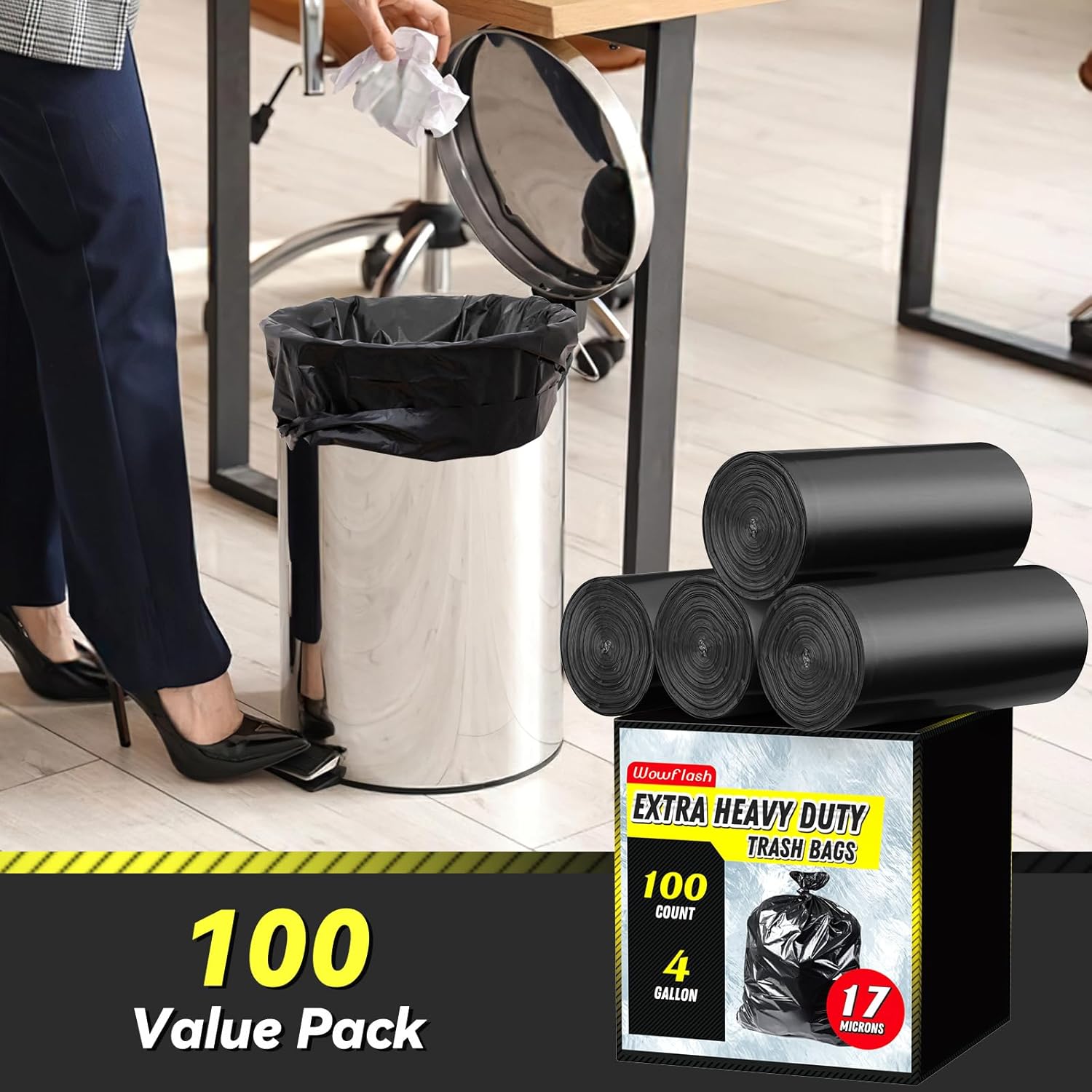 100 Count 17 Micron Extra Heavy Duty 4 Gallon Trash Bags, Sturdy & Tear-Resistant Small Trash Bags