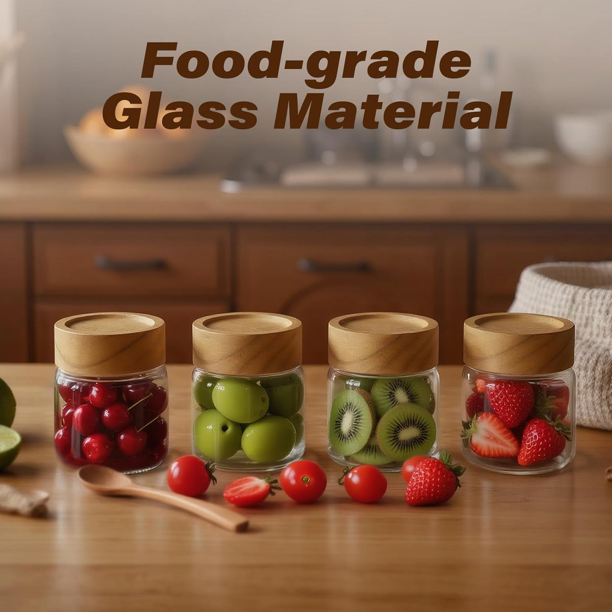 6-Pack 6 oz Airtight Food Sealed Jars with Acacia Wood Lids - Glass Meal Prep Containers for