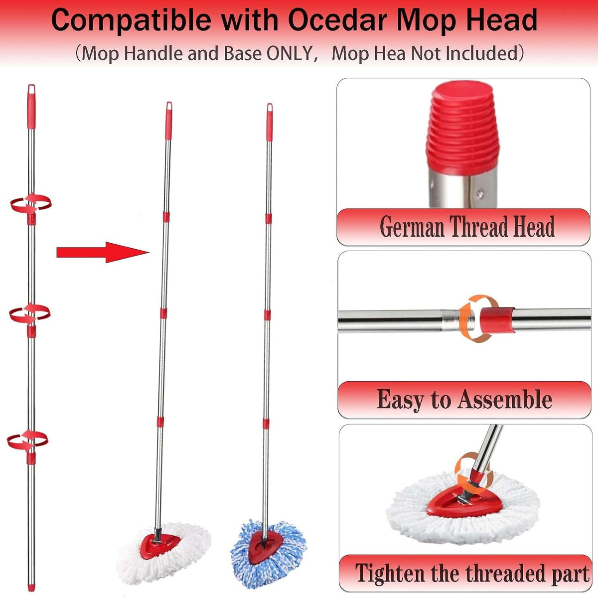 Spin Mop Replacement Handle, 4-Section 30-to-58 inch Mop Replacement Stick and Base Compatible with