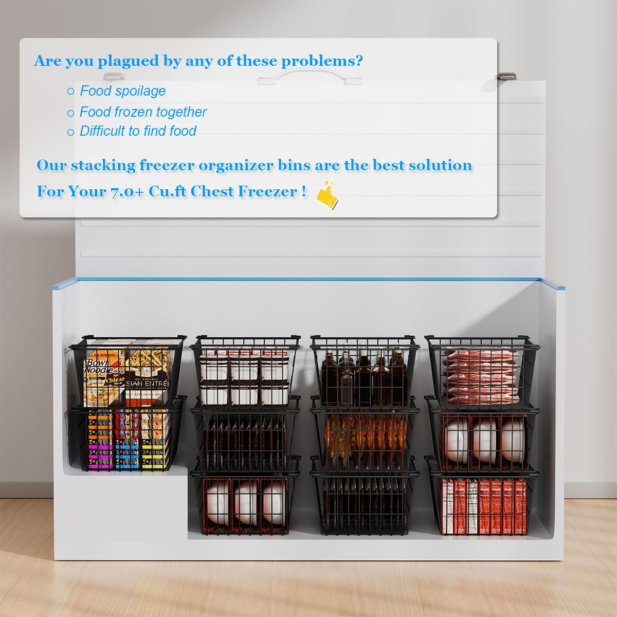 Freezer Organizer Bins, Large Capacity Stackable Baskets for Deep Chest Freezer Easy Get and Sort
