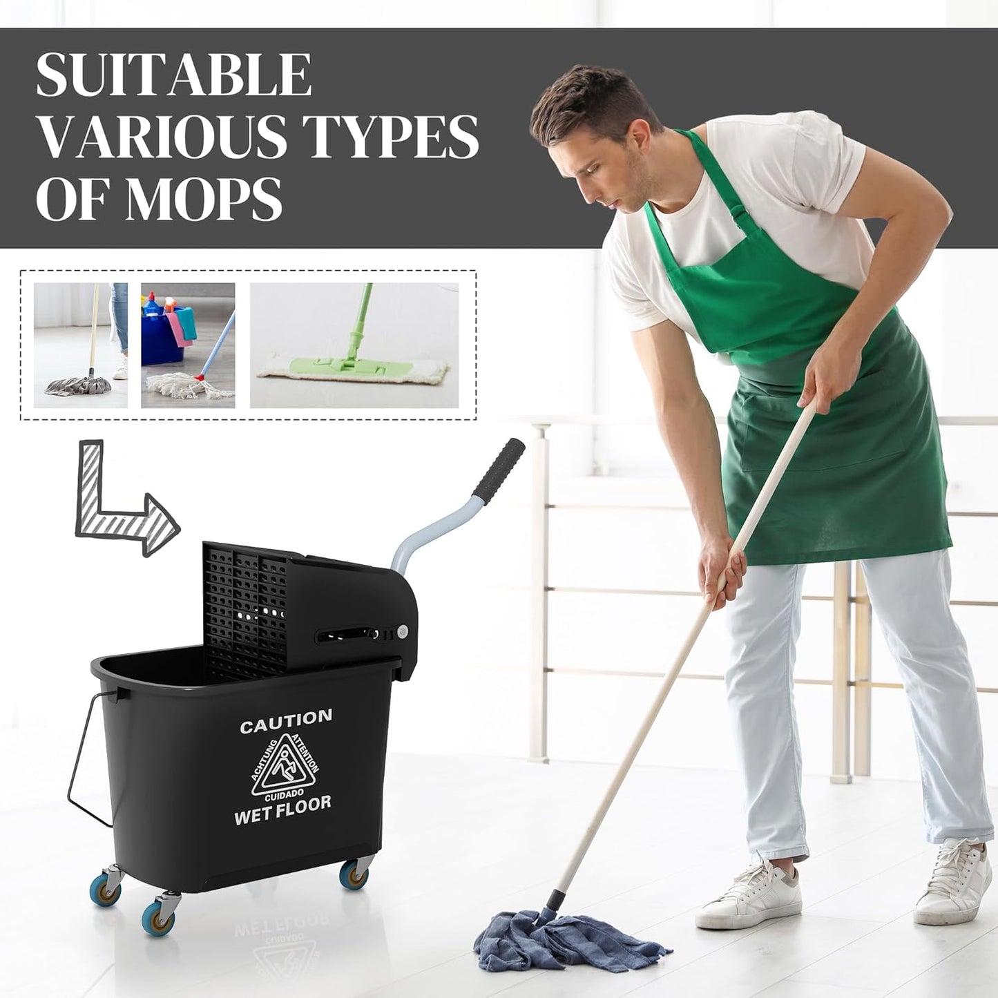 HOMCOM Compact Mop Bucket with Wringer on Wheels for Floor Cleaning, 21 Quart, Separate Dirty and