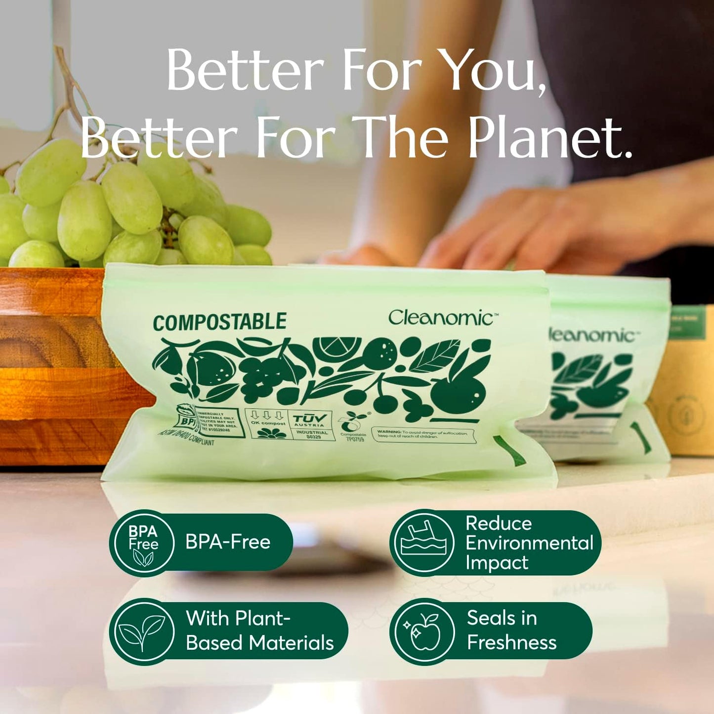 Cleanomic Compostable* Snack Size Food Storage Bags (50 Eco Zip) Freezer and Leak Proof, Also