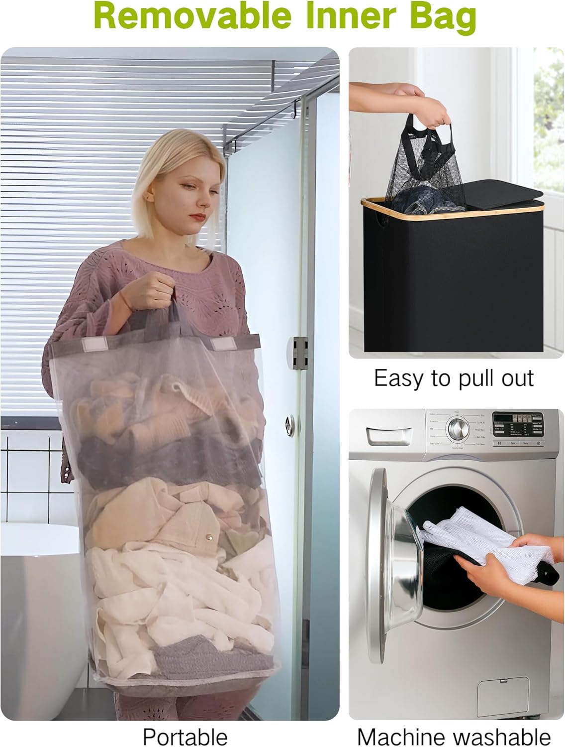efluky Double Laundry Hamper with Wheels, Divided Laundry Hamper with Removable Bags, 2 Section