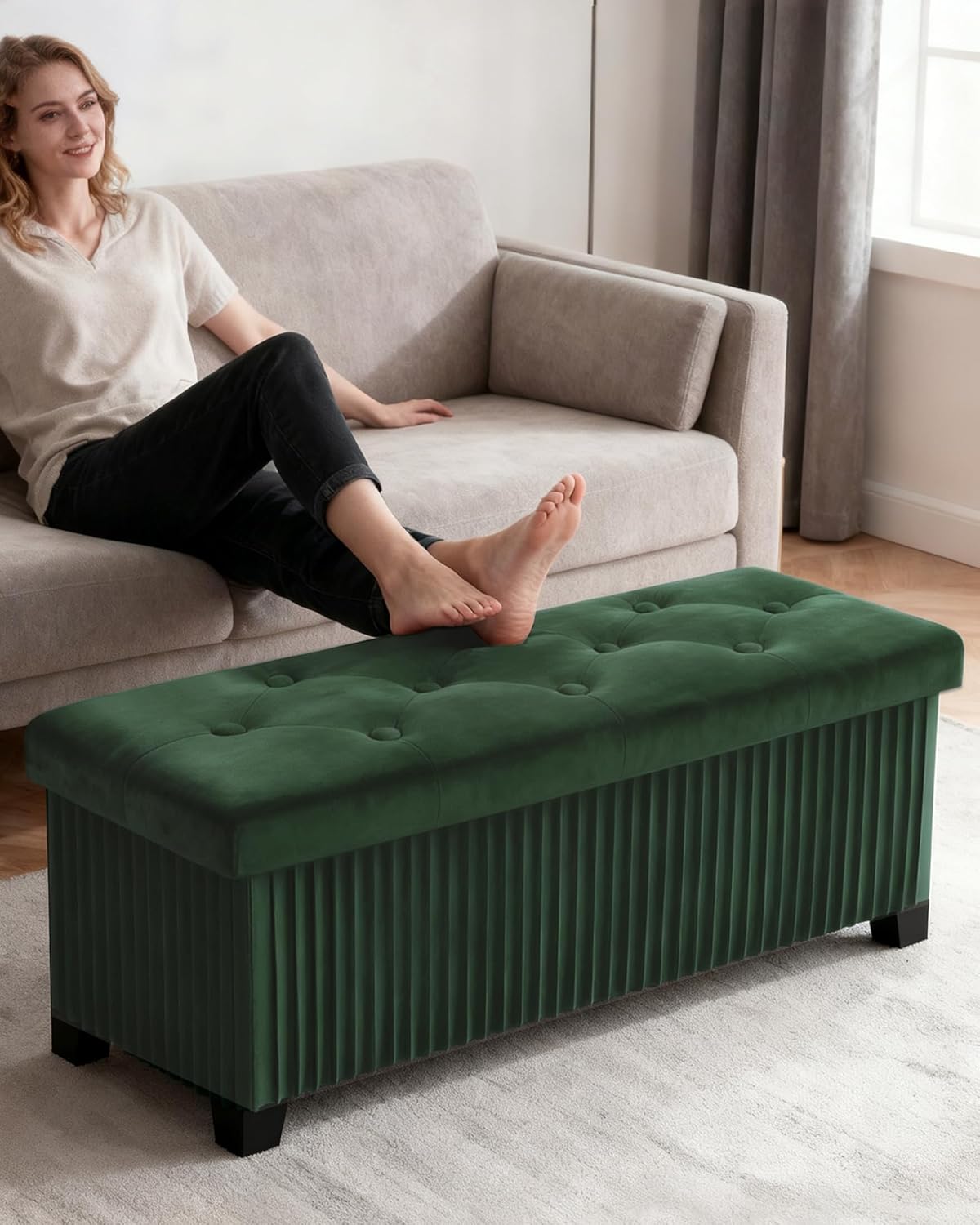 Storage Ottoman Bench, 43 Inch Foldable Ottoman with Legs, Velvet Foot Rest Stool, End of Bed