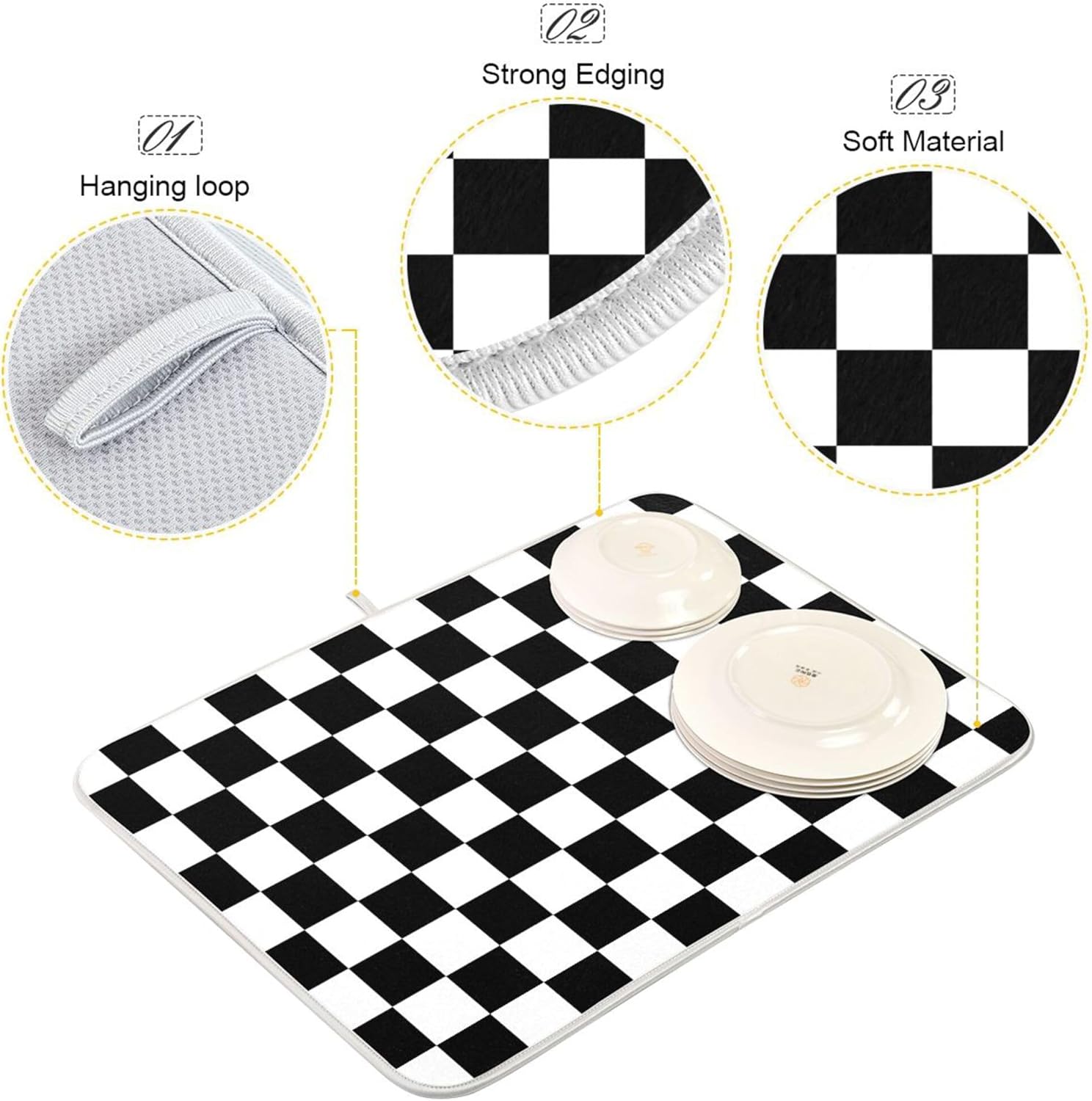 Black White Chessboard Dish Drying Mat for Kitchen Countertop 18x24 Plaid Checkered Rectangle Large