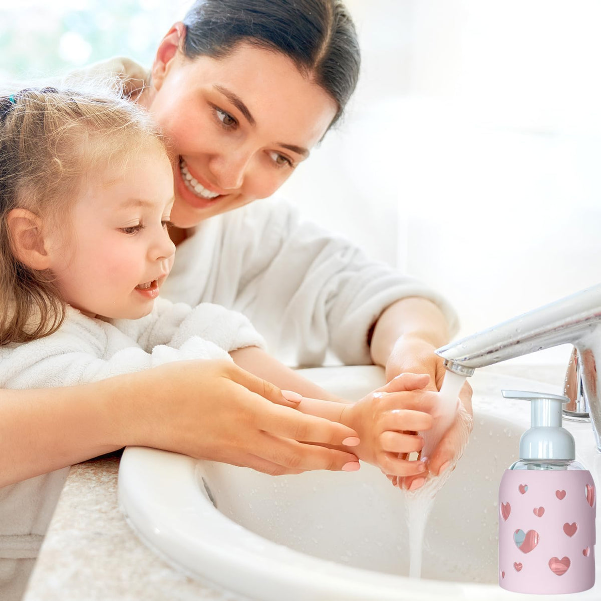 SoCal Suds & Company Glass Foaming Hand Soap Dispenser, Heart Silicone Sleeve, Refillable Pump