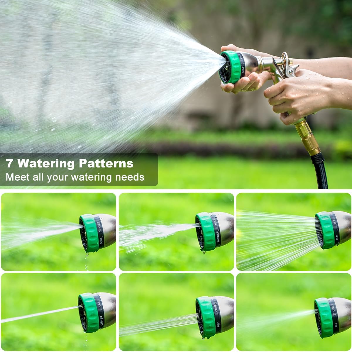 FANHAO Heavy Duty Garden Hose Nozzle, 100% Metal Water Hose Sprayer with 7 Spray Patterns