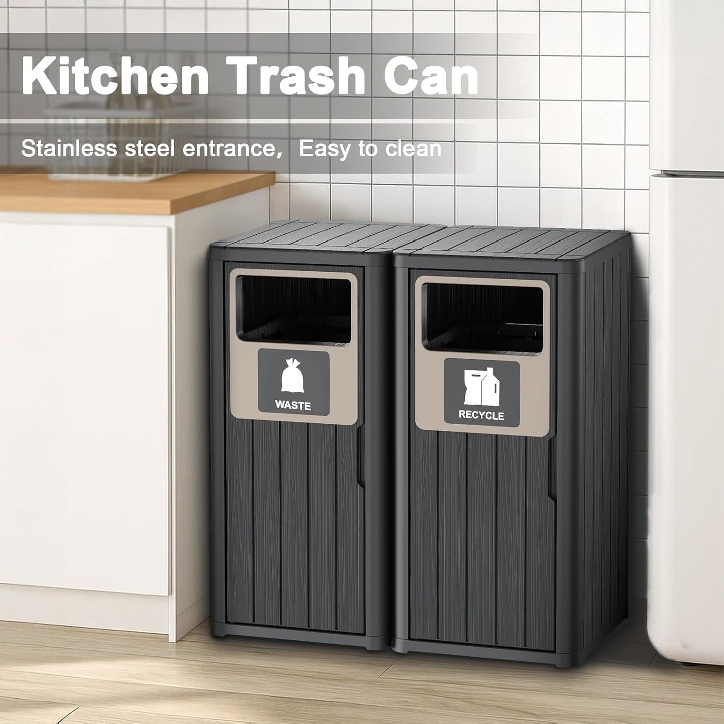 Outdoor Double Barrel Trash Can,Waterproof Resin Garbage Can with Garbage Labels,Durable Waste Bin