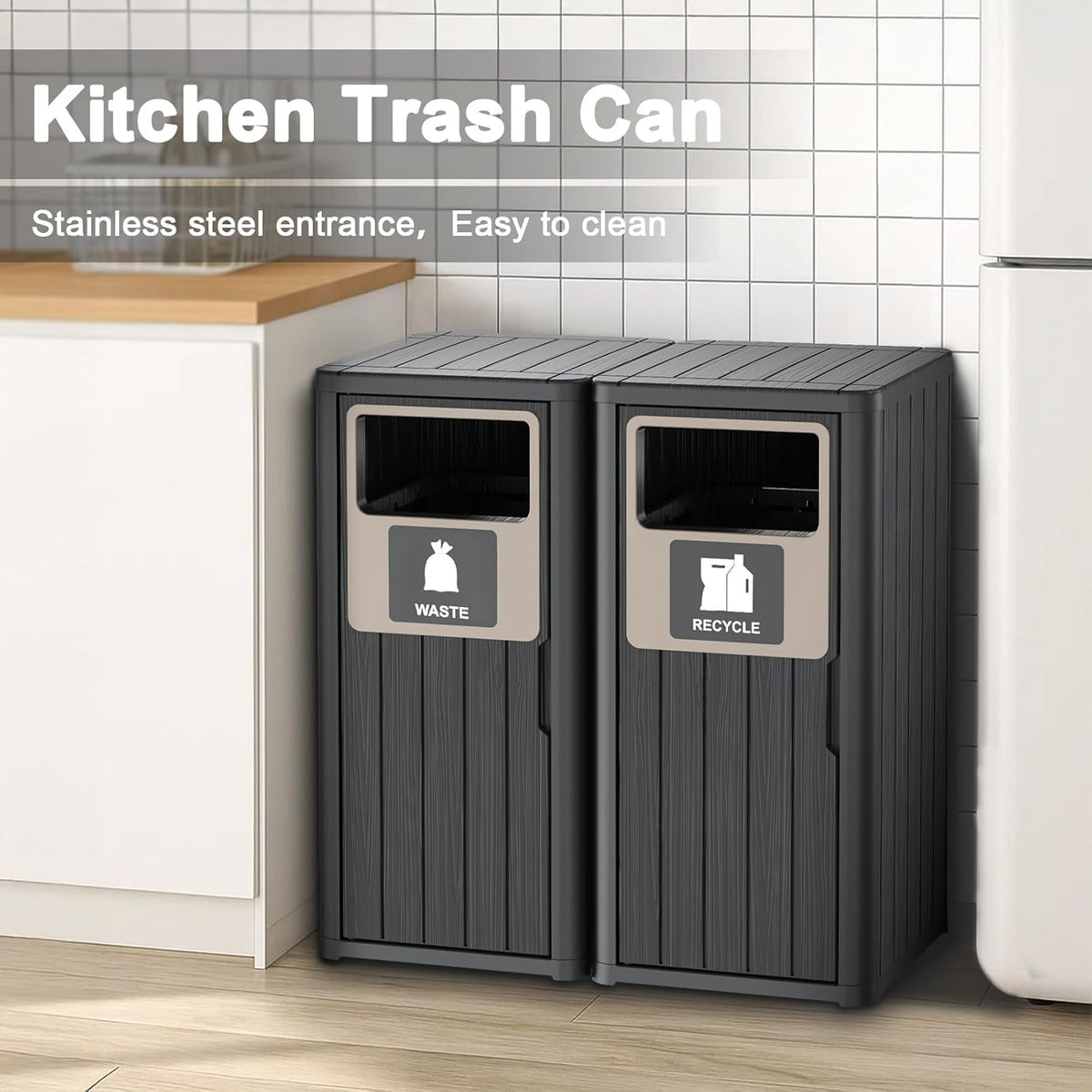 Outdoor Double Barrel Trash Can,Waterproof Resin Garbage Can with Garbage Labels,Durable Waste Bin