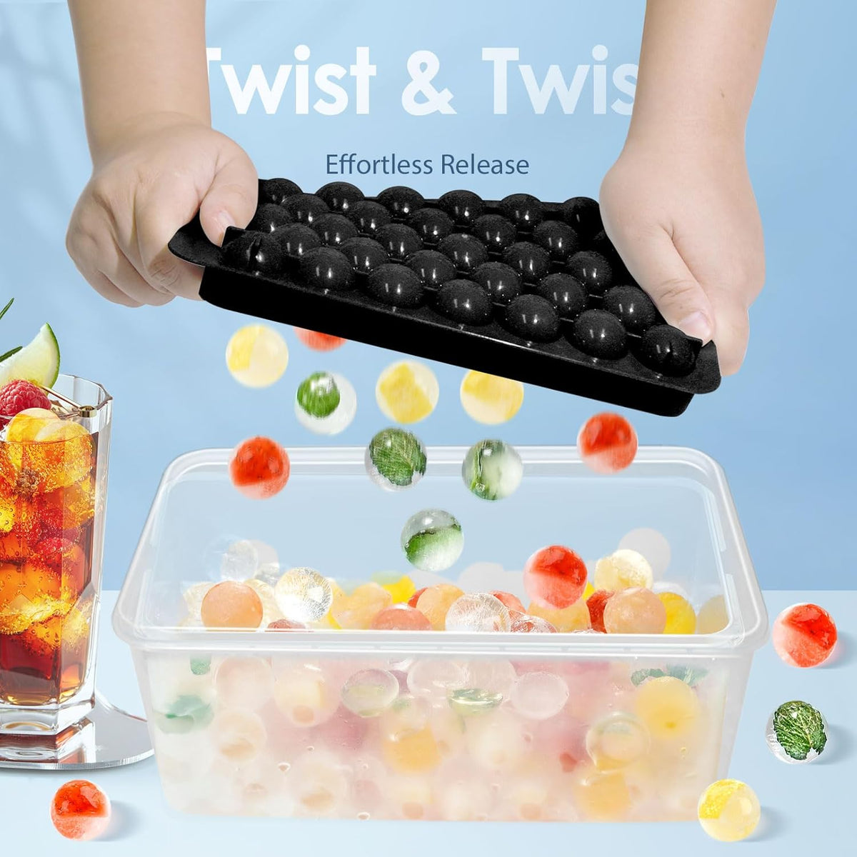 WIBIMEN Ice Cube Tray with Lid and Bin - Round Ice Trays for Freezer with Lid - Ice Cube Trays for