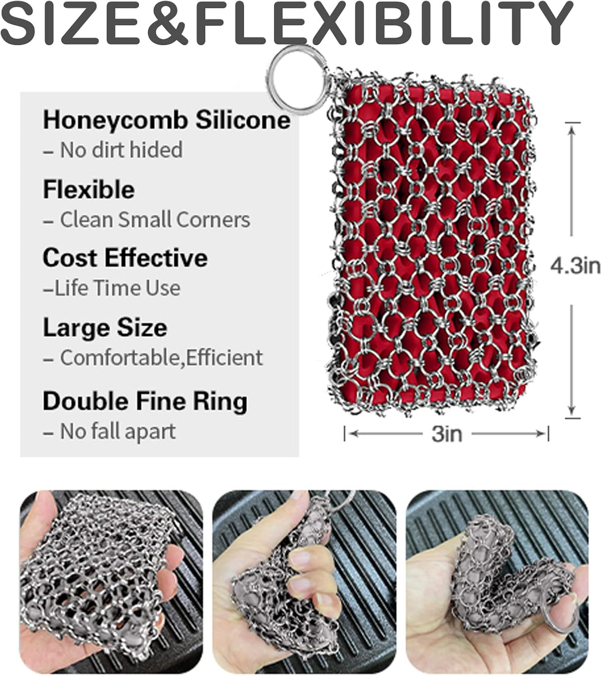 Herda 316L Cast Iron Scrubber Cleaner, Large Cast Iron Chain Mail Scrubber - Chainmail Scrubber