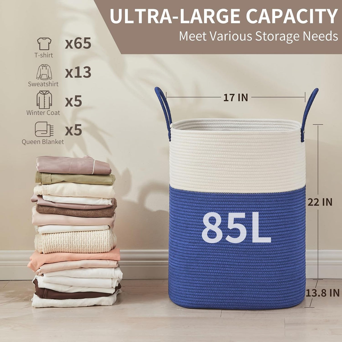 Laundry Basket with Handles - Blanket Basket & Hampers for Bedroom Aesthetic, Laundry Hamper &