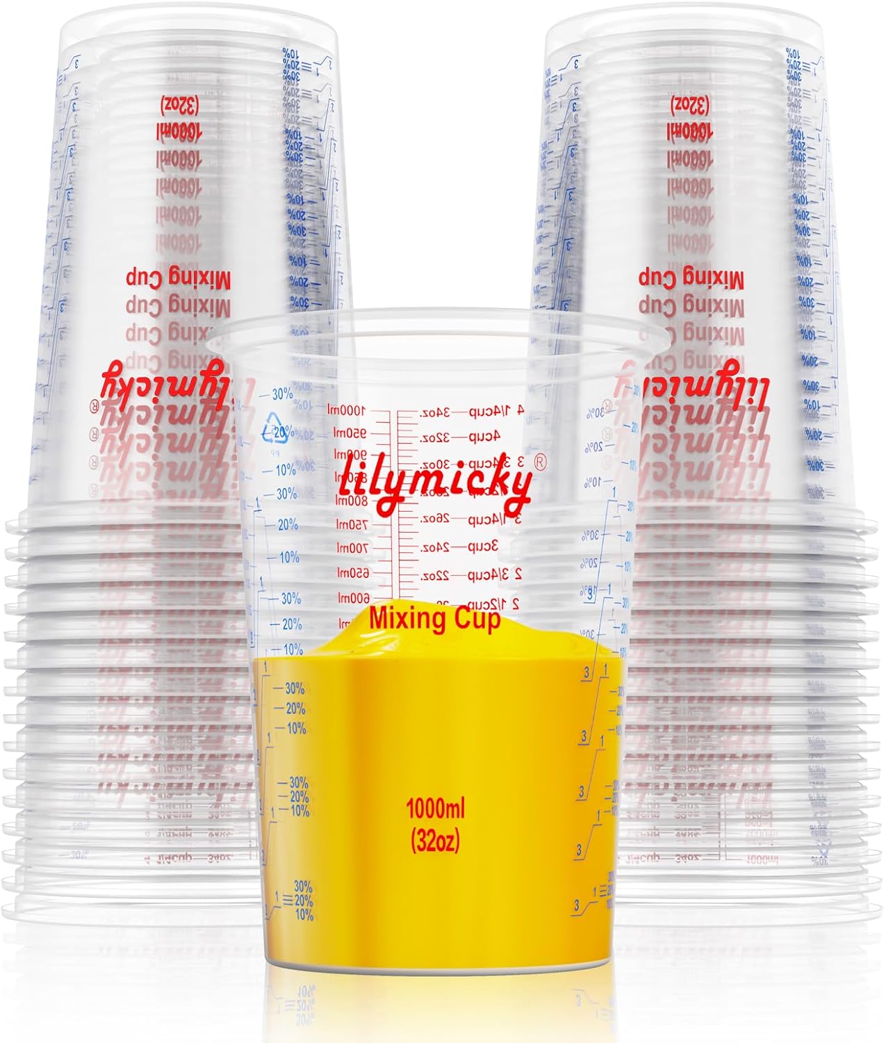 25 PACK Plastic Measuring Cups, 32 oz (1000ml) Disposable Mixing Cups, Measurement ratios: 2:1