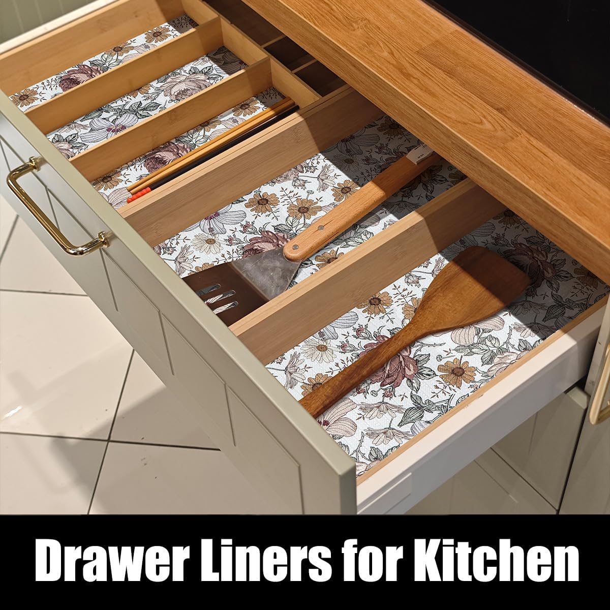 Floral Drawer Shelf Liners, Non Adhesive and Strong Non-Slip Cabinet Drawer Shelf Liners for
