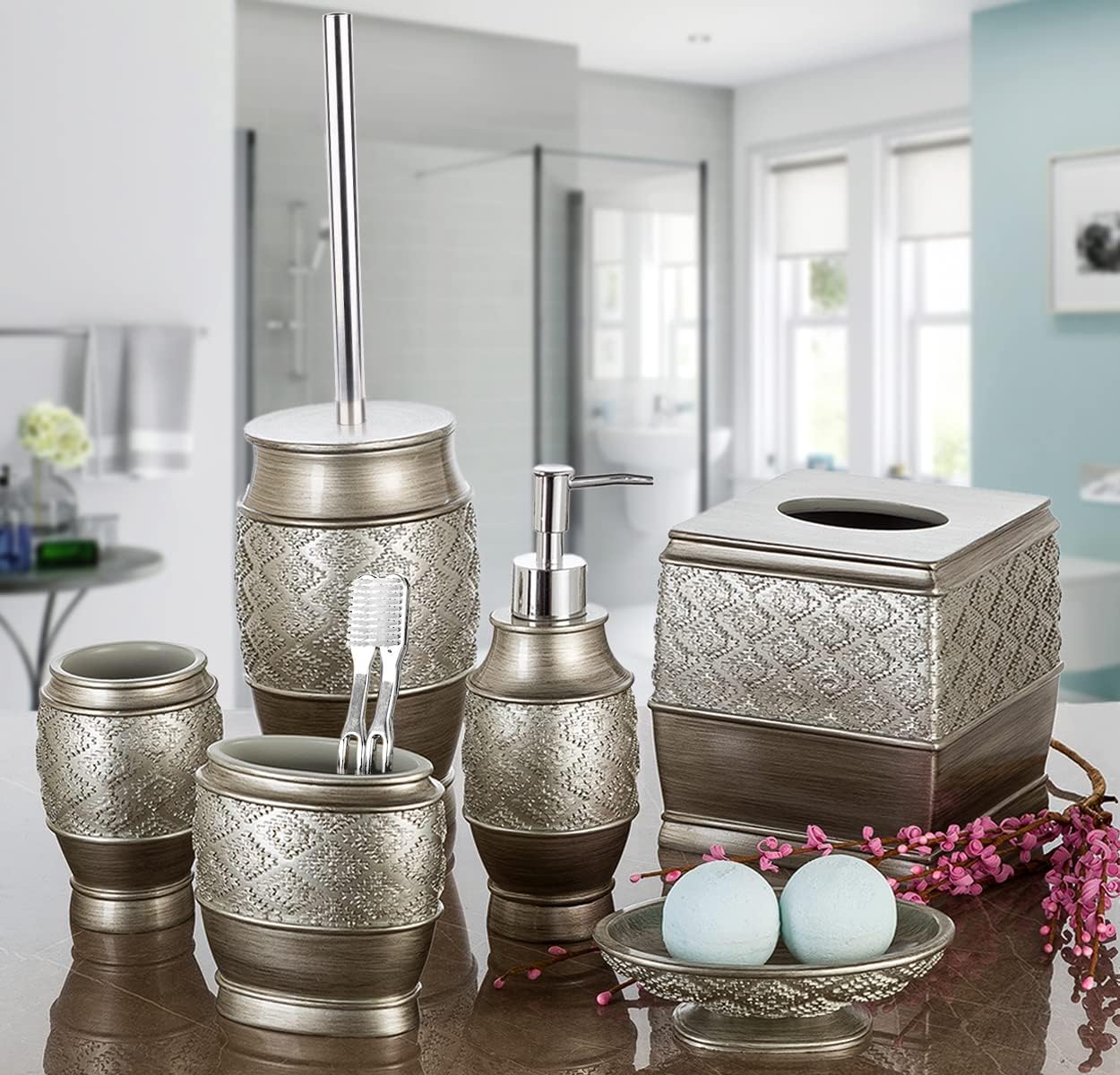 Creative Scents Dublin Silver Toilet Brush Set - Toilet Bowl Cleaner Brush and Holder - Decorative