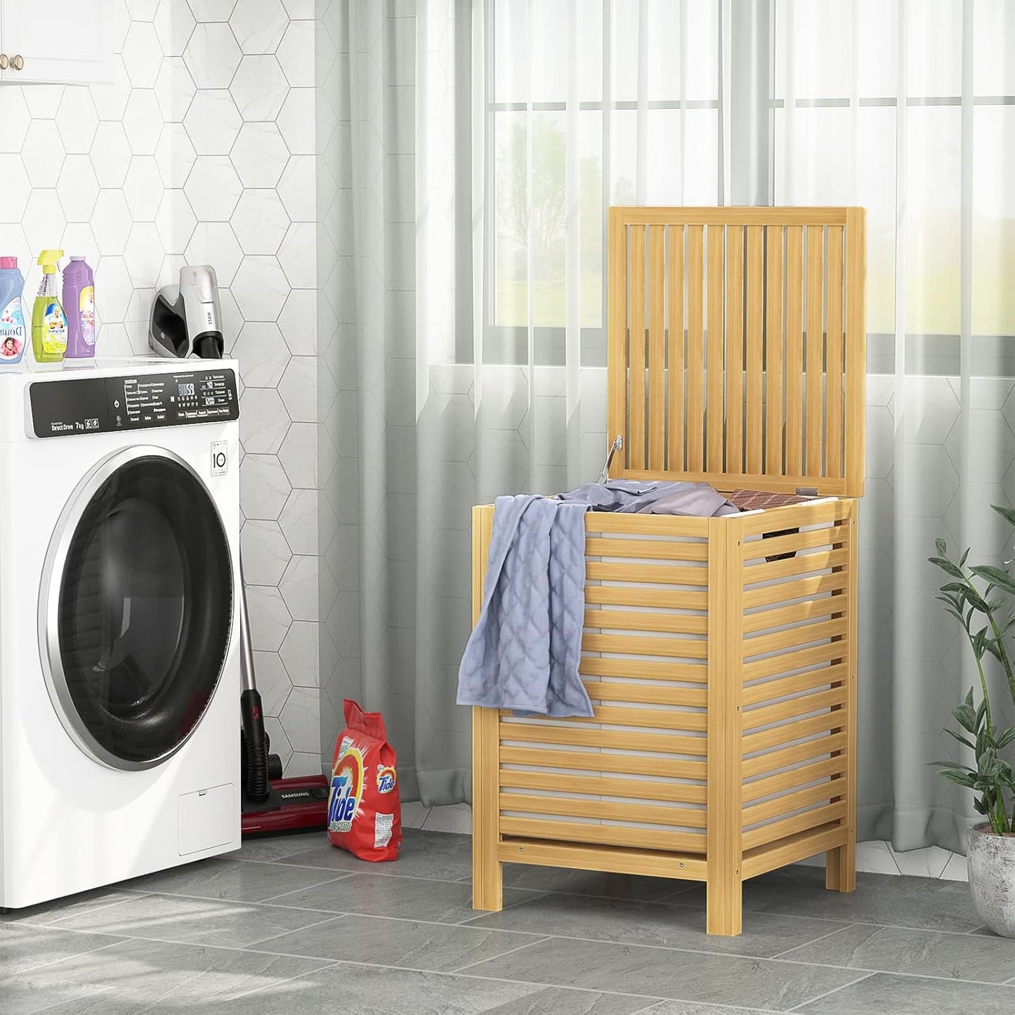 Homykic Bamboo Laundry Hamper with Lid, 120L Large Clothes Laundry Sorter with Removable 2-Section