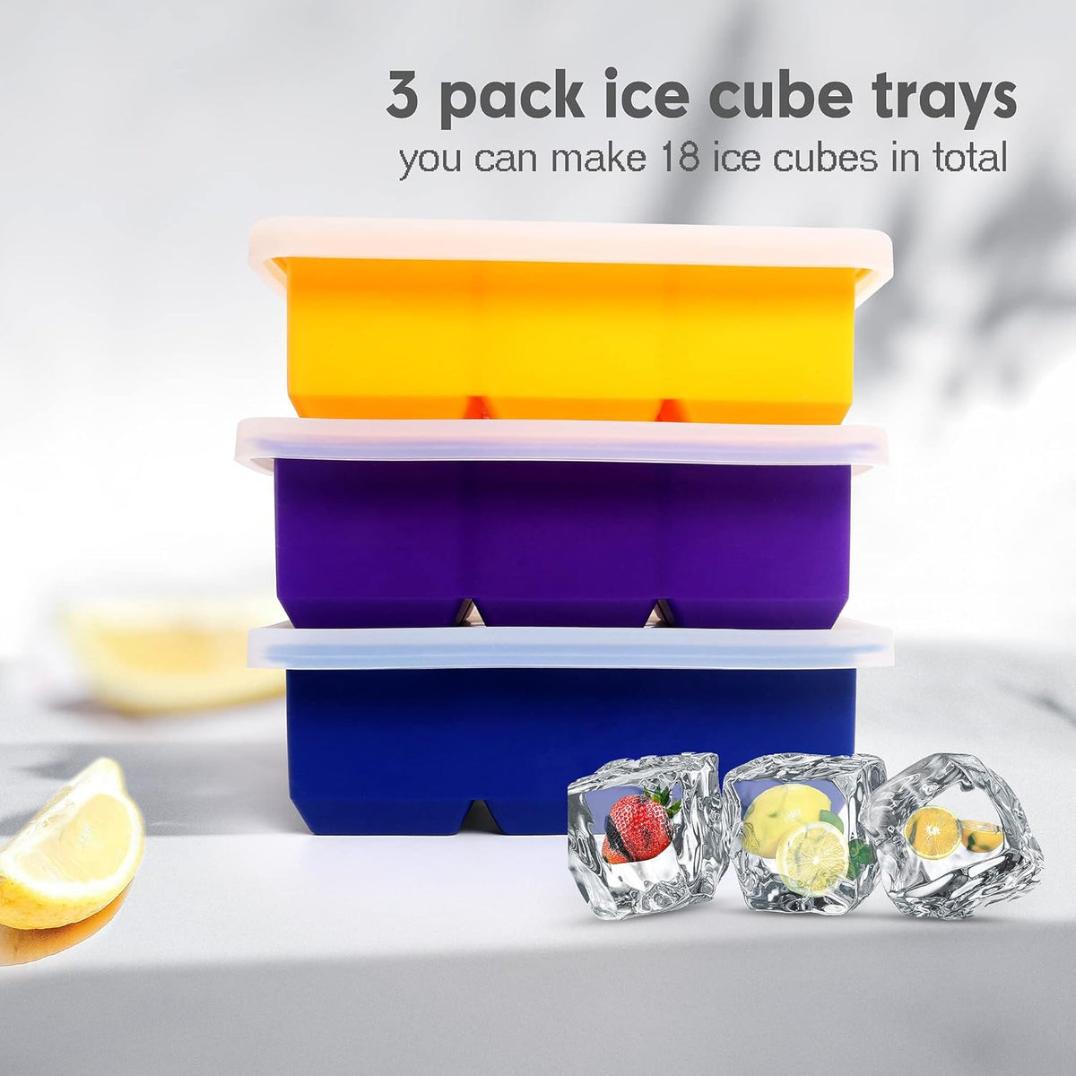 Silicone Ice Cube Trays 3 Pack - Large Size Silicone Ice Cube Molds with Leak Proof Removable Lid