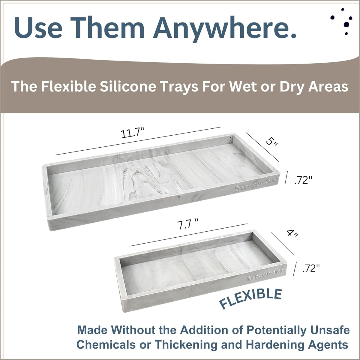Countertop and Vanity Tray - 2 PC (11” and 7”) Shatterproof Silicone Kitchen and Bathroom Trays for