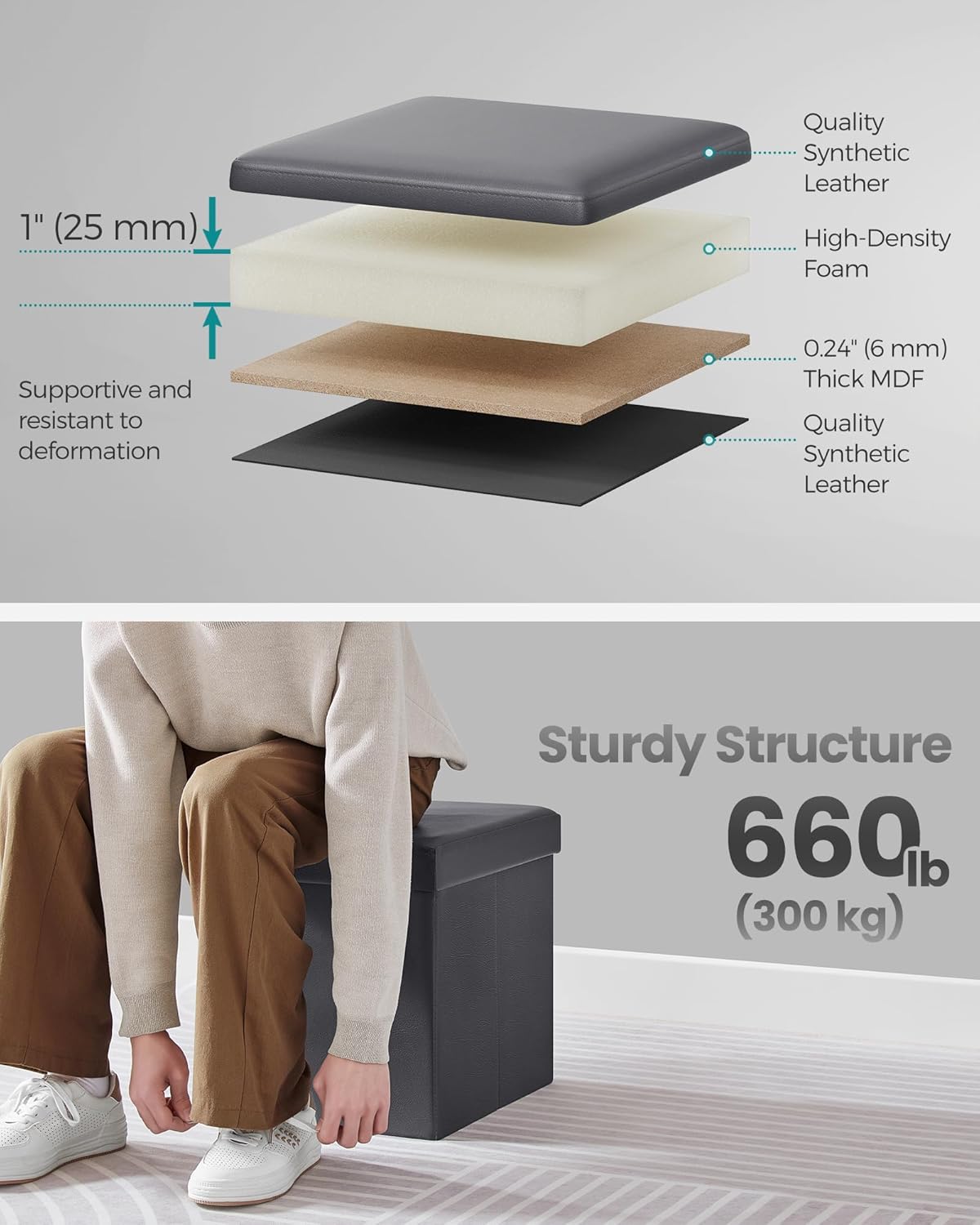 SONGMICS Mazie Collection - 15 Inches Ottoman with Storage, Footstool, Storage Ottoman, Load 660
