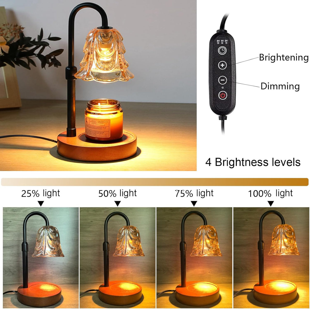 Candle Warmer Lamp with Timer and Dimmer - Adjustable Height Wax Melt Warmer, 4 Brightness Levels